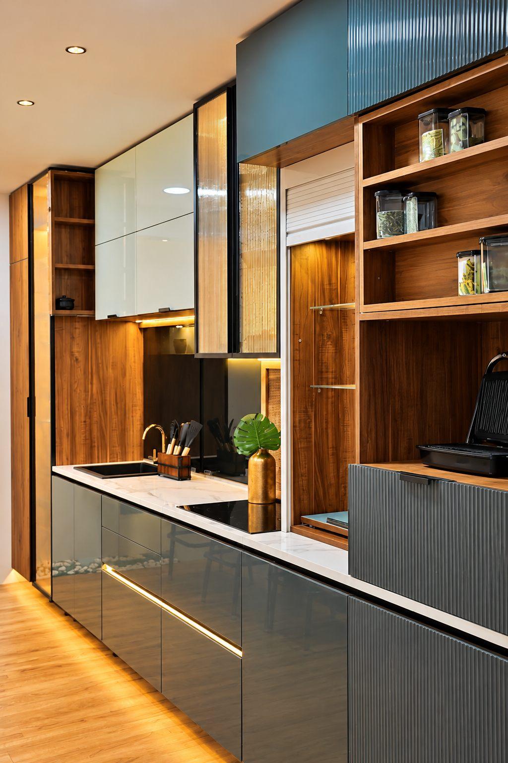 Grey high-gloss modular kitchen with open wooden shelves and profile lighting in Willow’s display studio