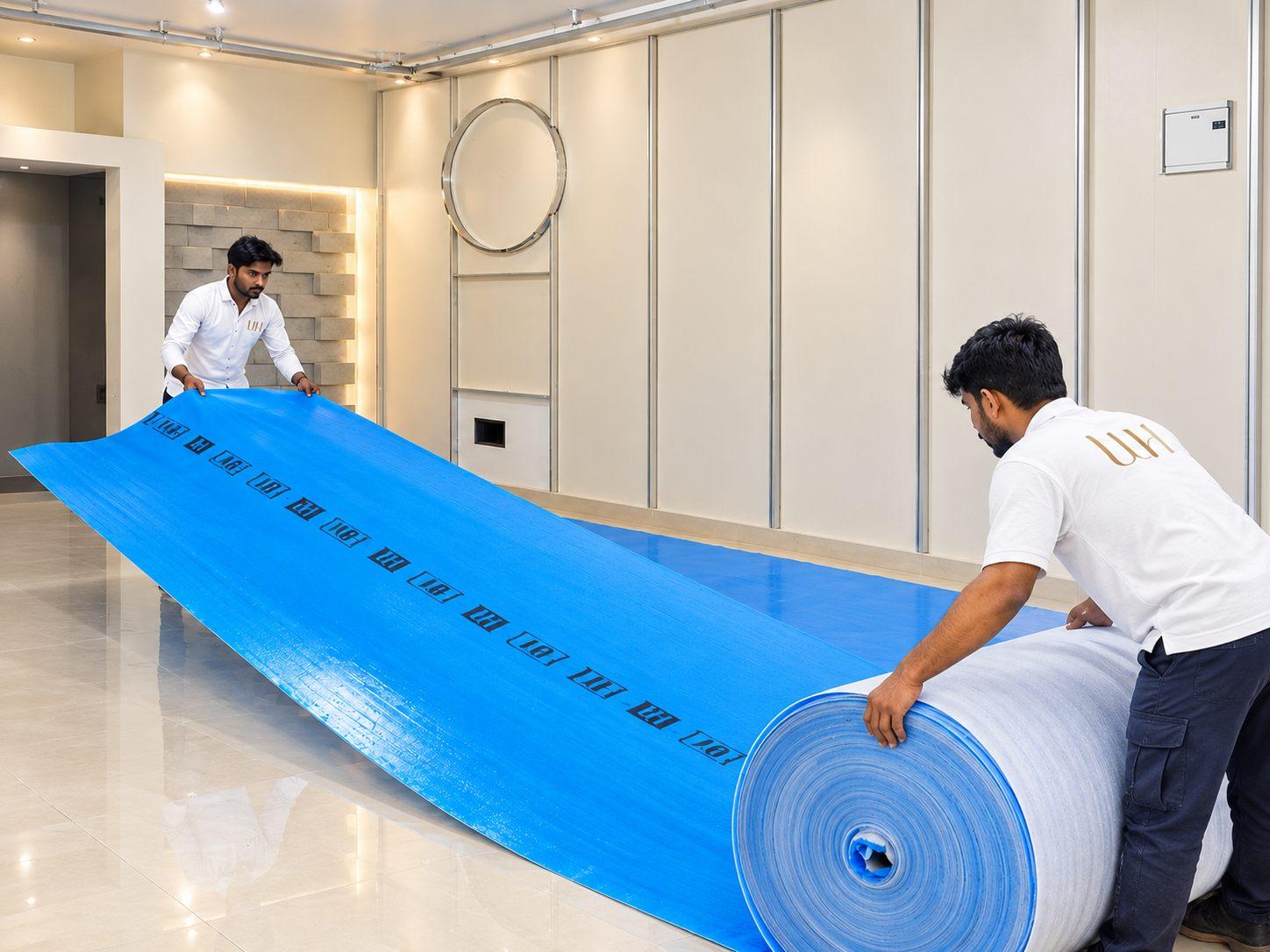 Willow team laying a protective sheet over the client’s floor before interior installation begins