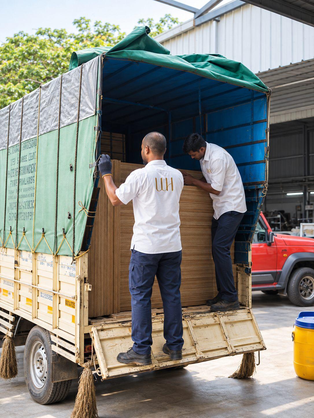 Willow team unloading plywood sheets from a delivery truck at the manufacturing unit in JP Nagar, Bangalore