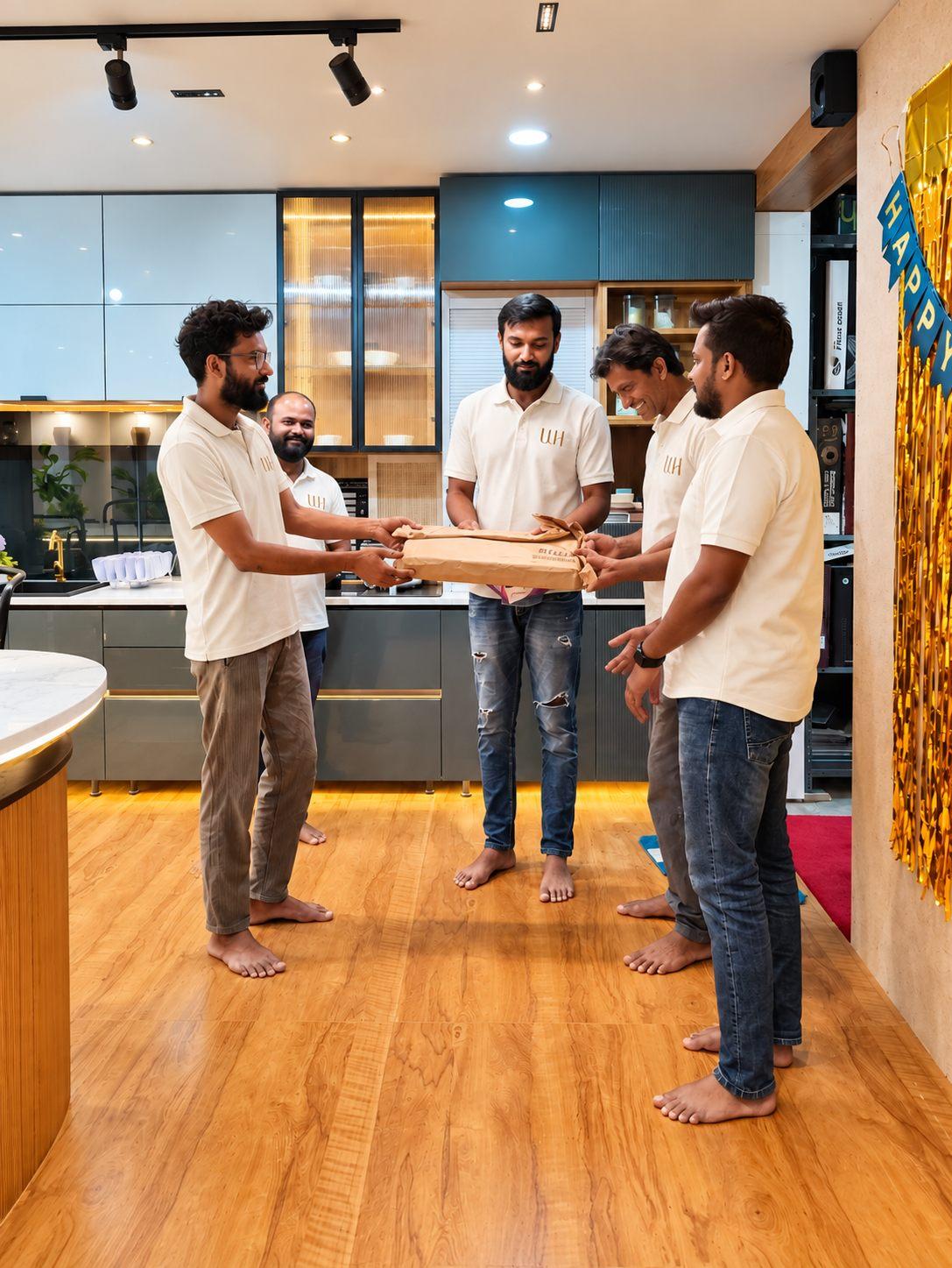 Willow Interiors team reviewing a finished modular panel in the display studio at the manufacturing unit