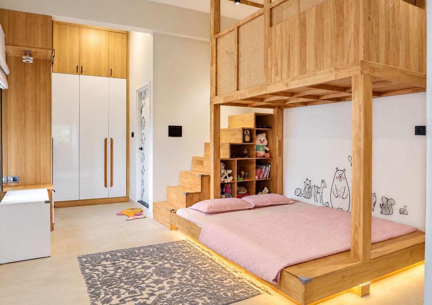 Gubbi Gudu villa, Anjanapura, Bangalore — kids’ room with a wooden loft bunk bed and staircase storage