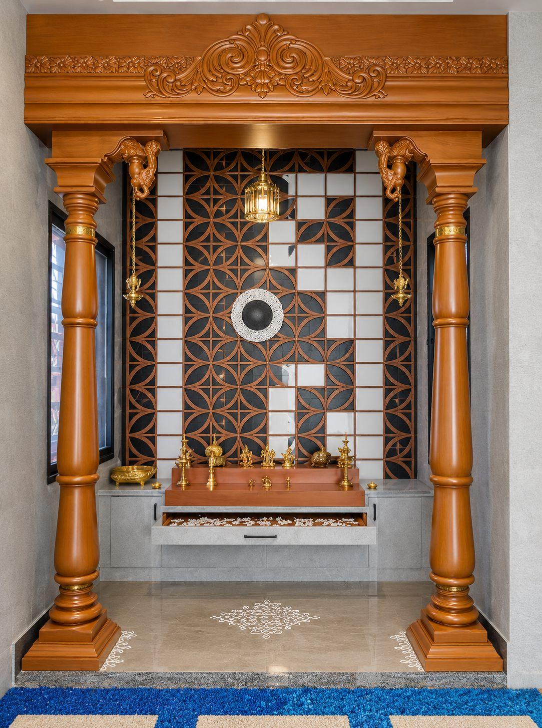 Gubbi Gudu villa, Anjanapura, Bangalore — open pooja room with carved wooden pillars, turned details and a jaali backdrop