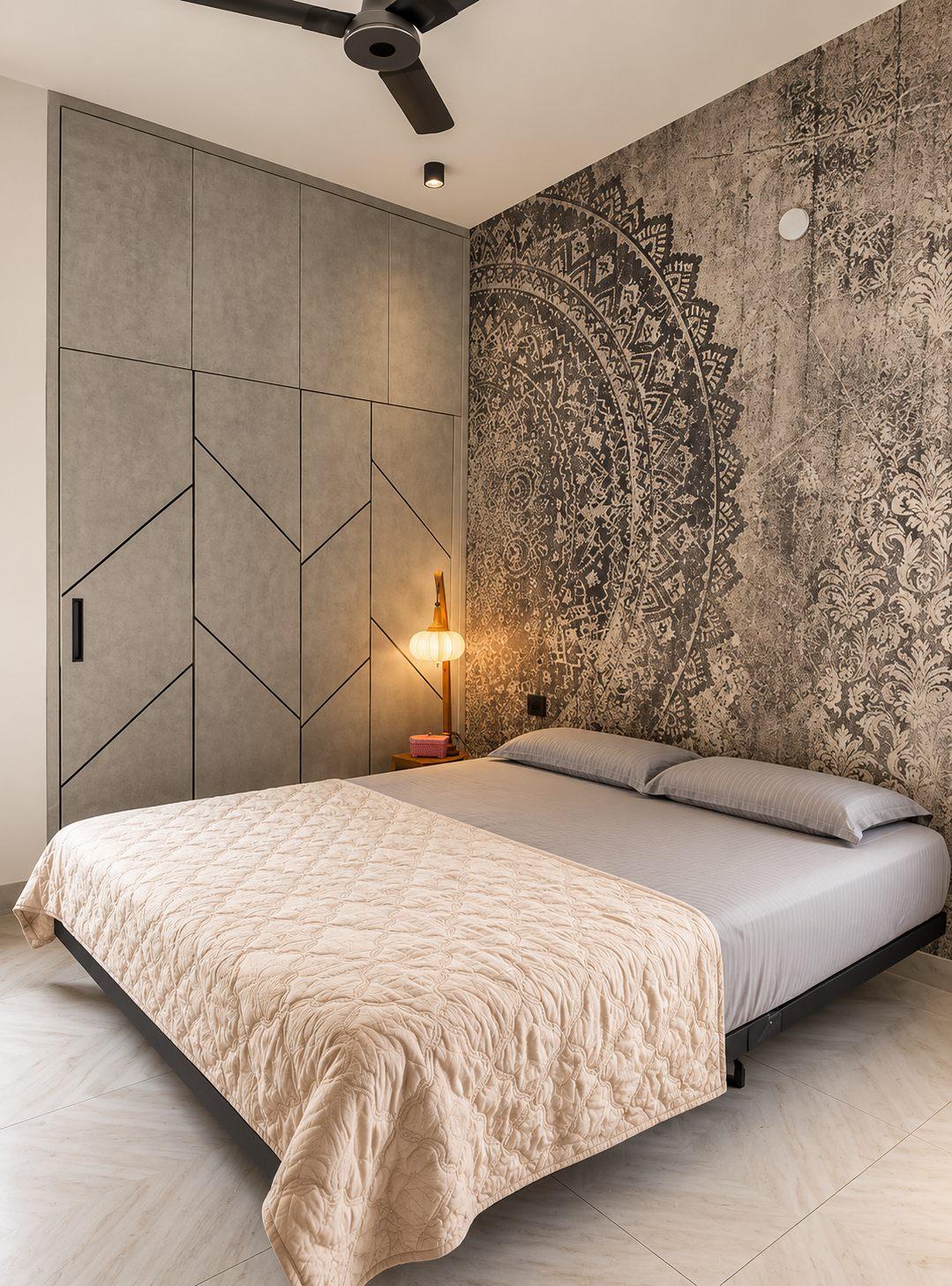 Gubbi Gudu villa, Anjanapura, Bangalore — parents’ bedroom with mandala wallpaper and grey wall panelling