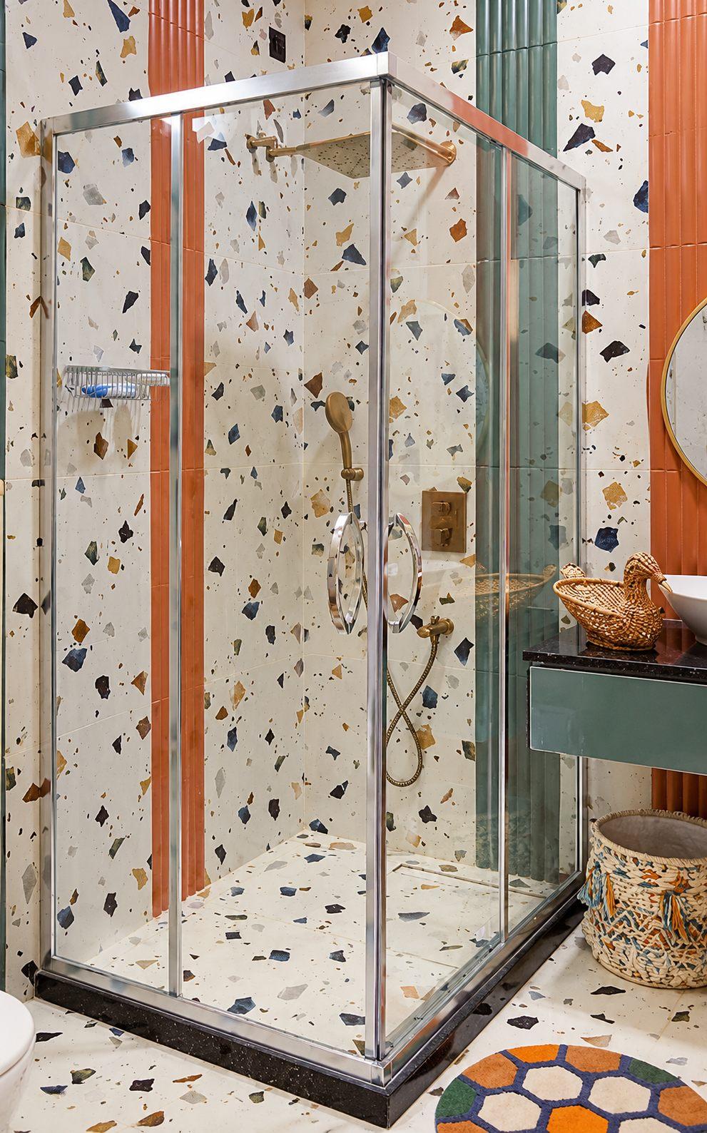 Gubbi Gudu villa, Anjanapura, Bangalore — terrazzo bathroom with a glass shower enclosure