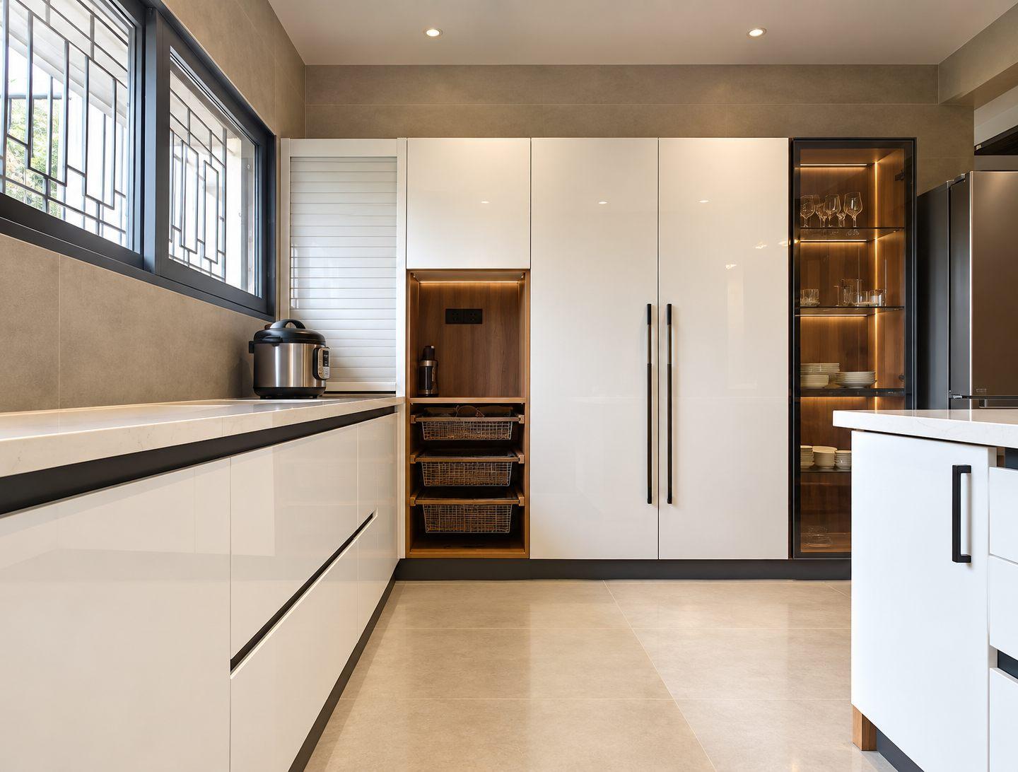 Gubbi Gudu villa, Anjanapura, Bangalore — white kitchen tall units with built-in oven and appliances