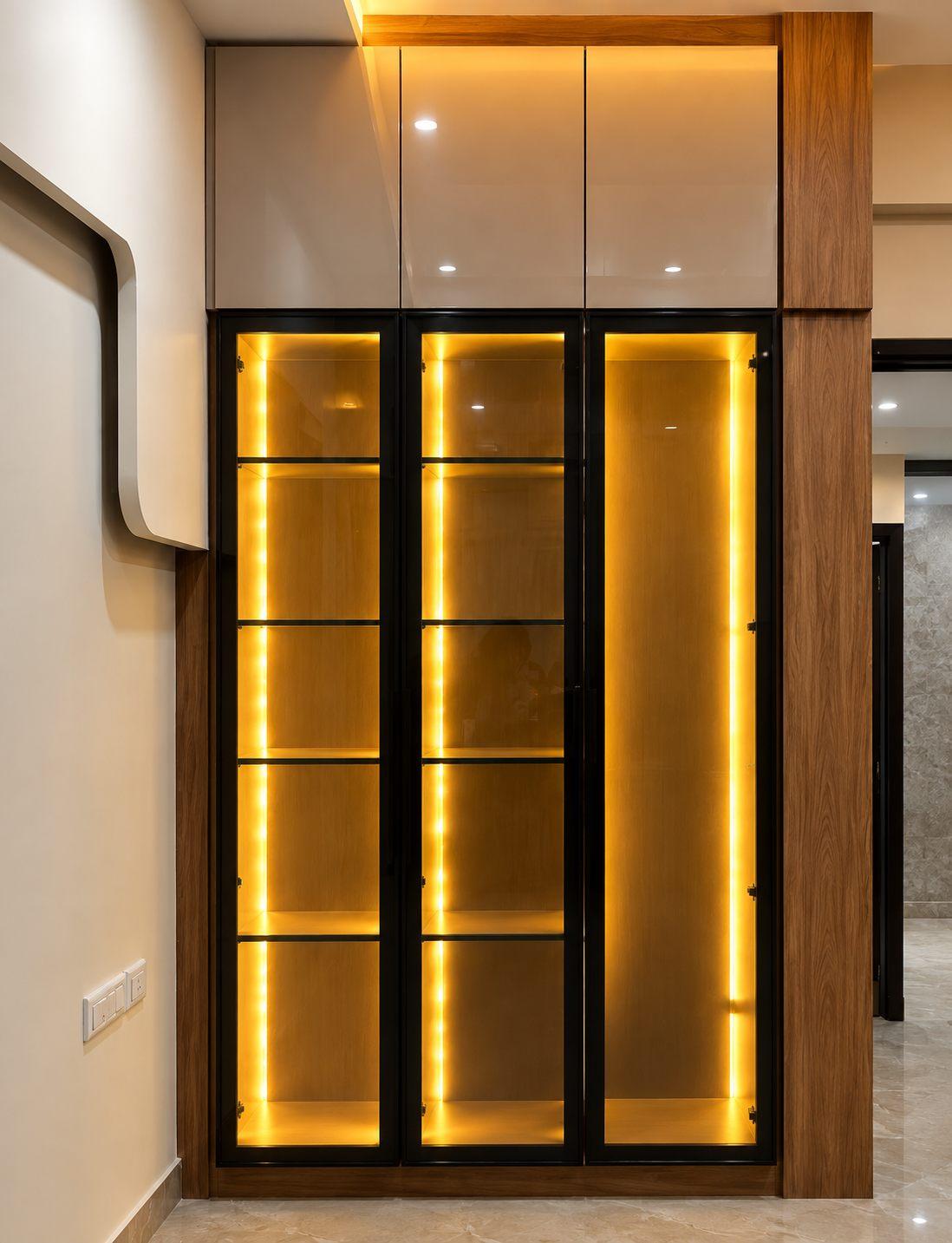 Black-framed glass shutter wardrobe with warm LED profile lighting on every shelf and white lofts above