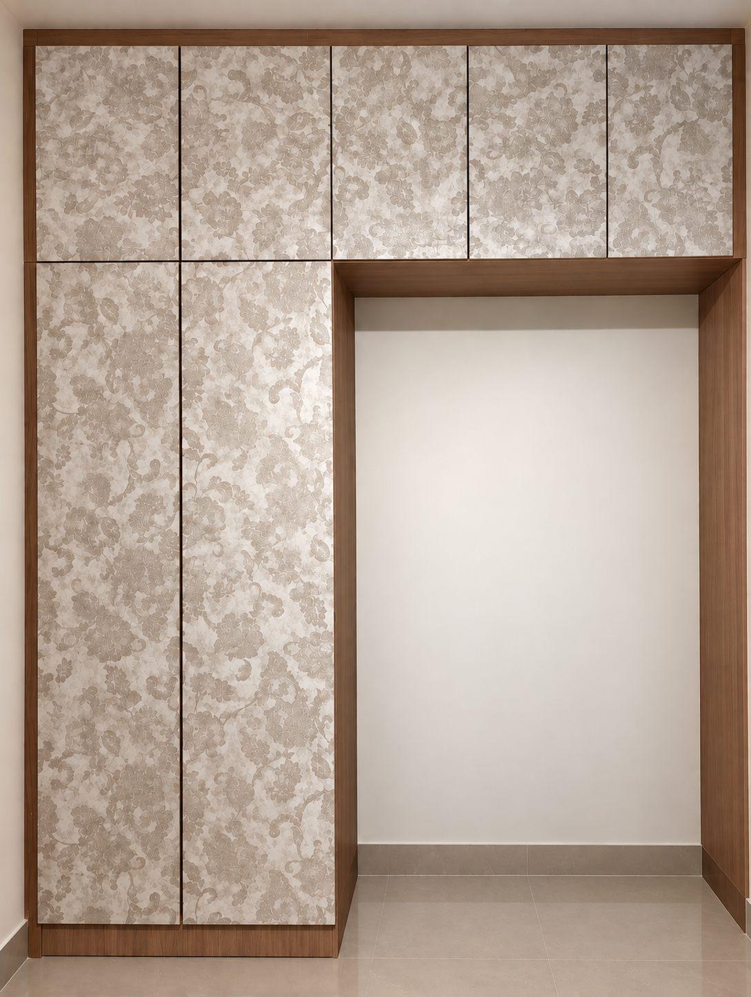 Floral laminate wardrobe with lofts framing an open alcove, in a study room