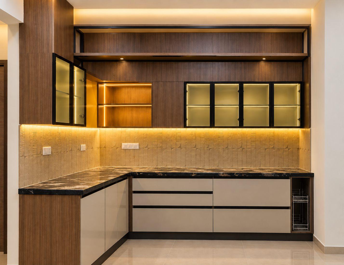 L-shaped modular kitchen in Rasha, an apartment at SJR Parkway Homes, Hosa Road, Electronic City, with wooden lofts, lit glass-shutter wall cabinets, black granite counter and warm under-cabinet lighting
