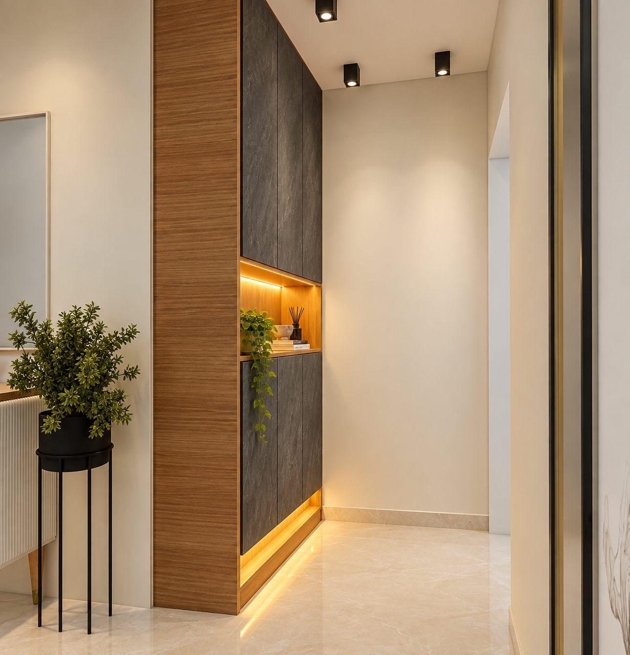 Foyer shoe rack in wood and grey laminate with a lit open niche and profile-lit floating base