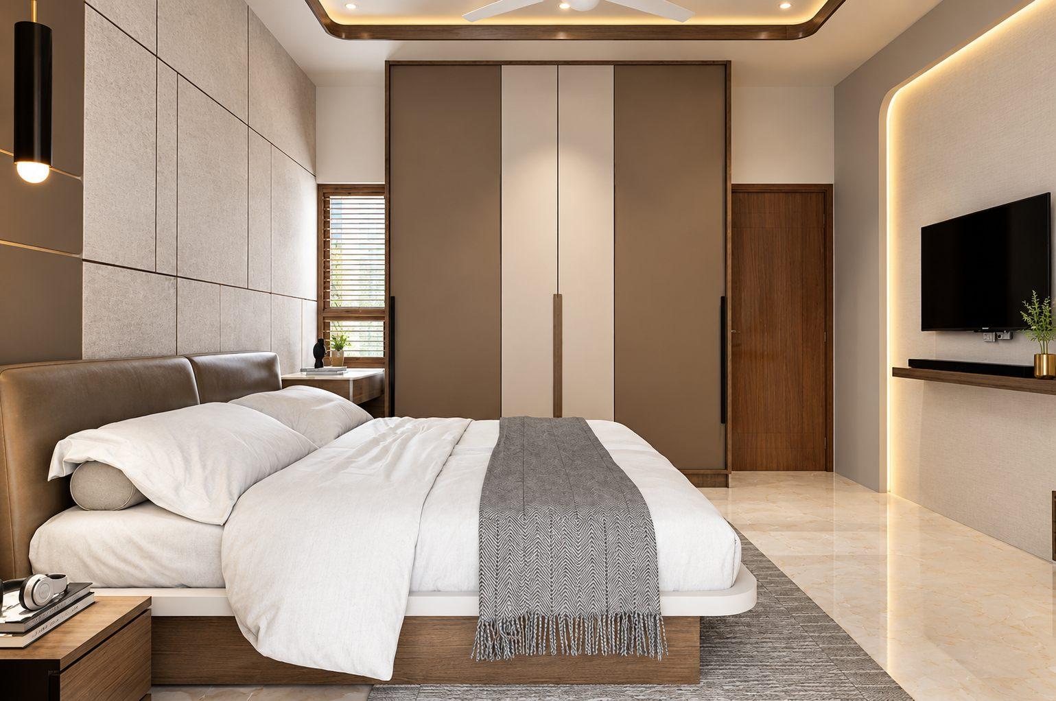 3D render — parents’ bedroom sliding wardrobe — Saral Mane, a G+2 house on Kanakapura Road, Bangalore