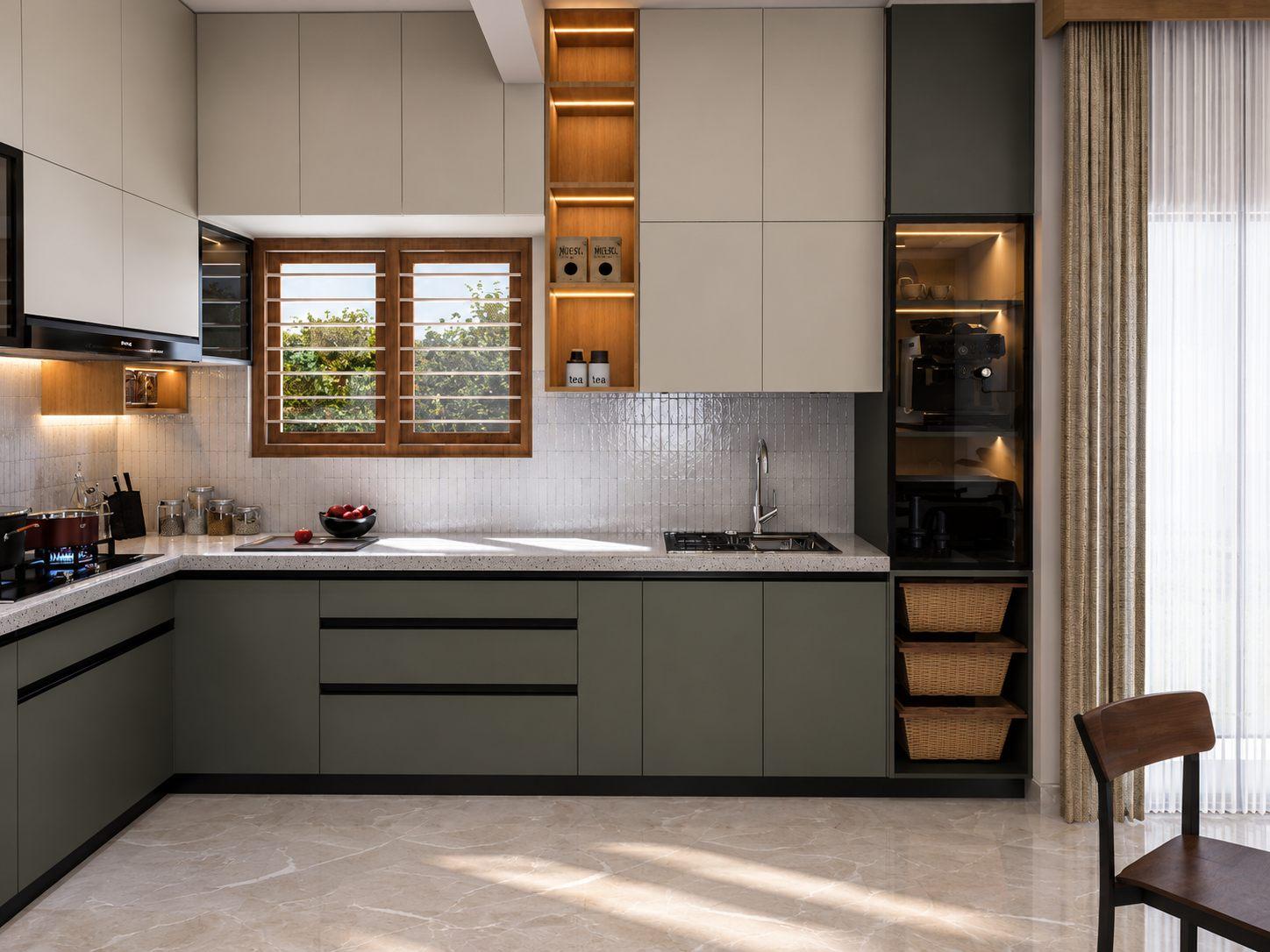 3D render — sage-green L-shaped kitchen, front view — Saral Mane, a G+2 house on Kanakapura Road, Bangalore
