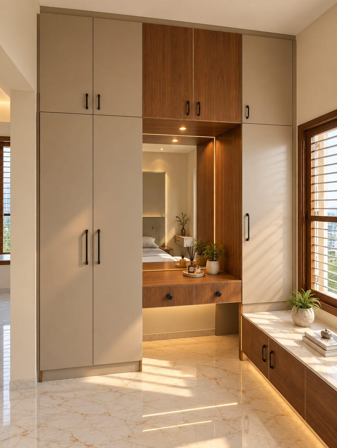 Master bedroom dresser in a lit walnut mirror niche between wardrobes — Saral Mane, a G+2 house on Kanakapura Road, Bangalore
