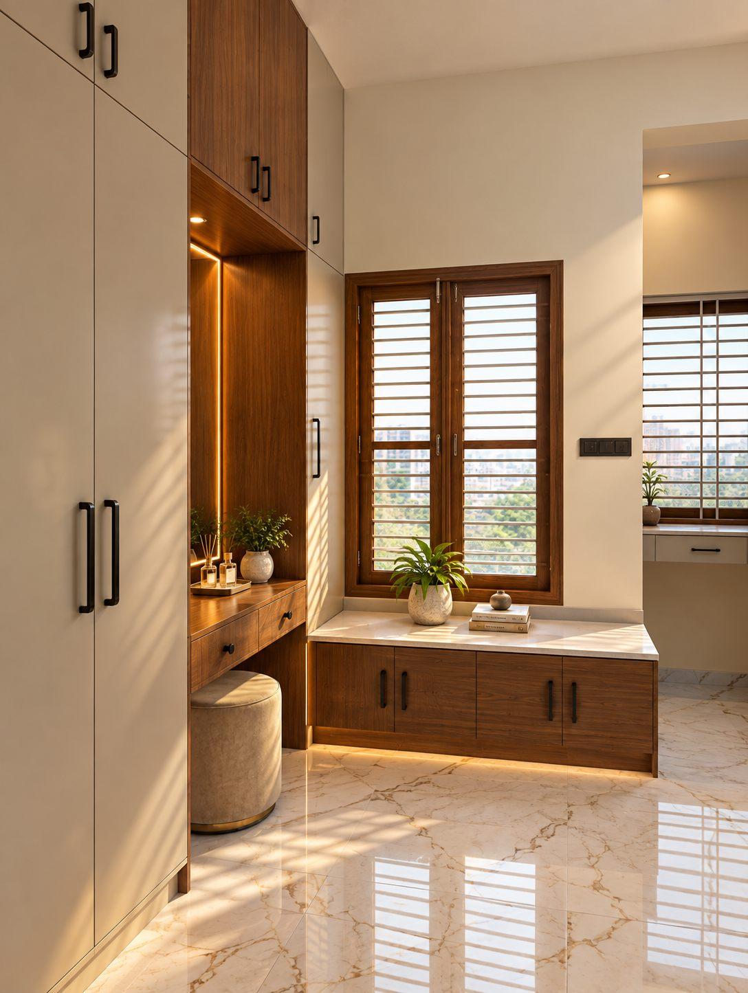 Master bedroom window seat with storage drawers — Saral Mane, a G+2 house on Kanakapura Road, Bangalore