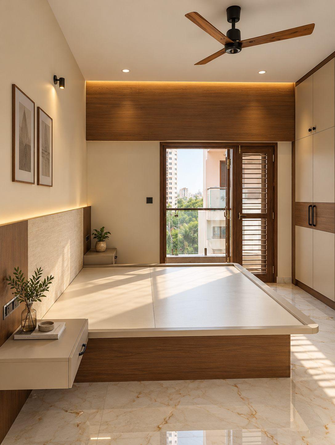 Master bedroom with a walnut ceiling panel and floating bed platform — Saral Mane, a G+2 house on Kanakapura Road, Bangalore