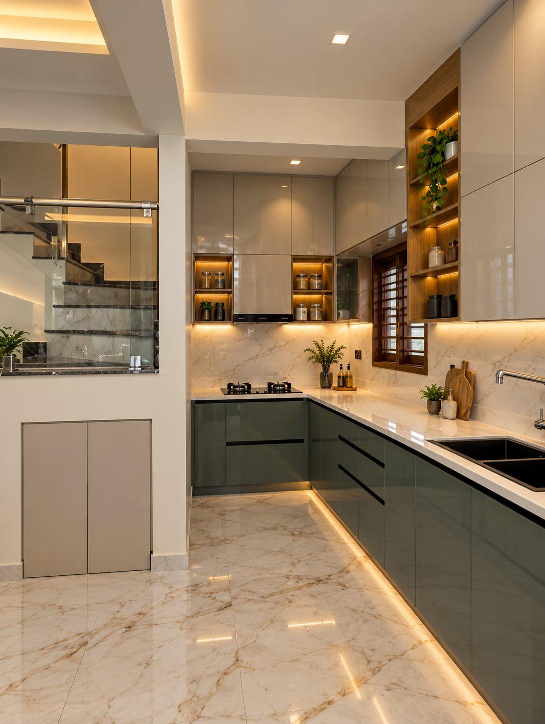 Sage-green L-shaped modular kitchen with ivory wall cabinets and lit open shelves — Saral Mane, a G+2 house on Kanakapura Road, Bangalore