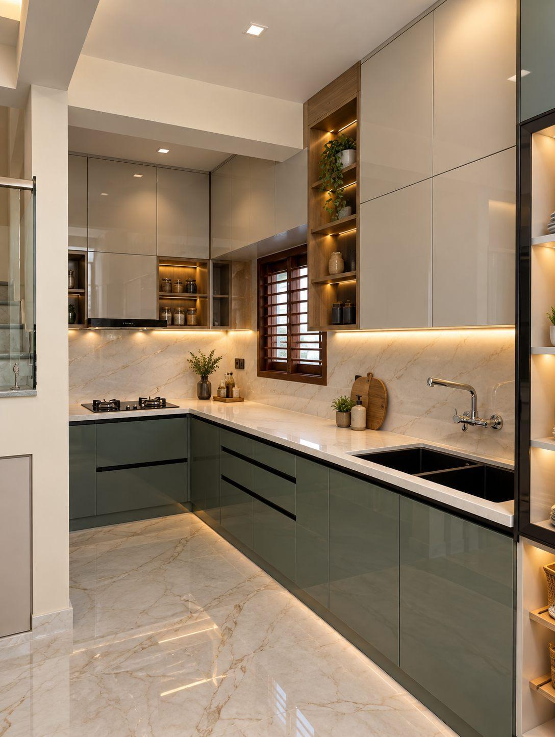 Sage-green modular kitchen with profile lighting under the base units — Saral Mane, a G+2 house on Kanakapura Road, Bangalore
