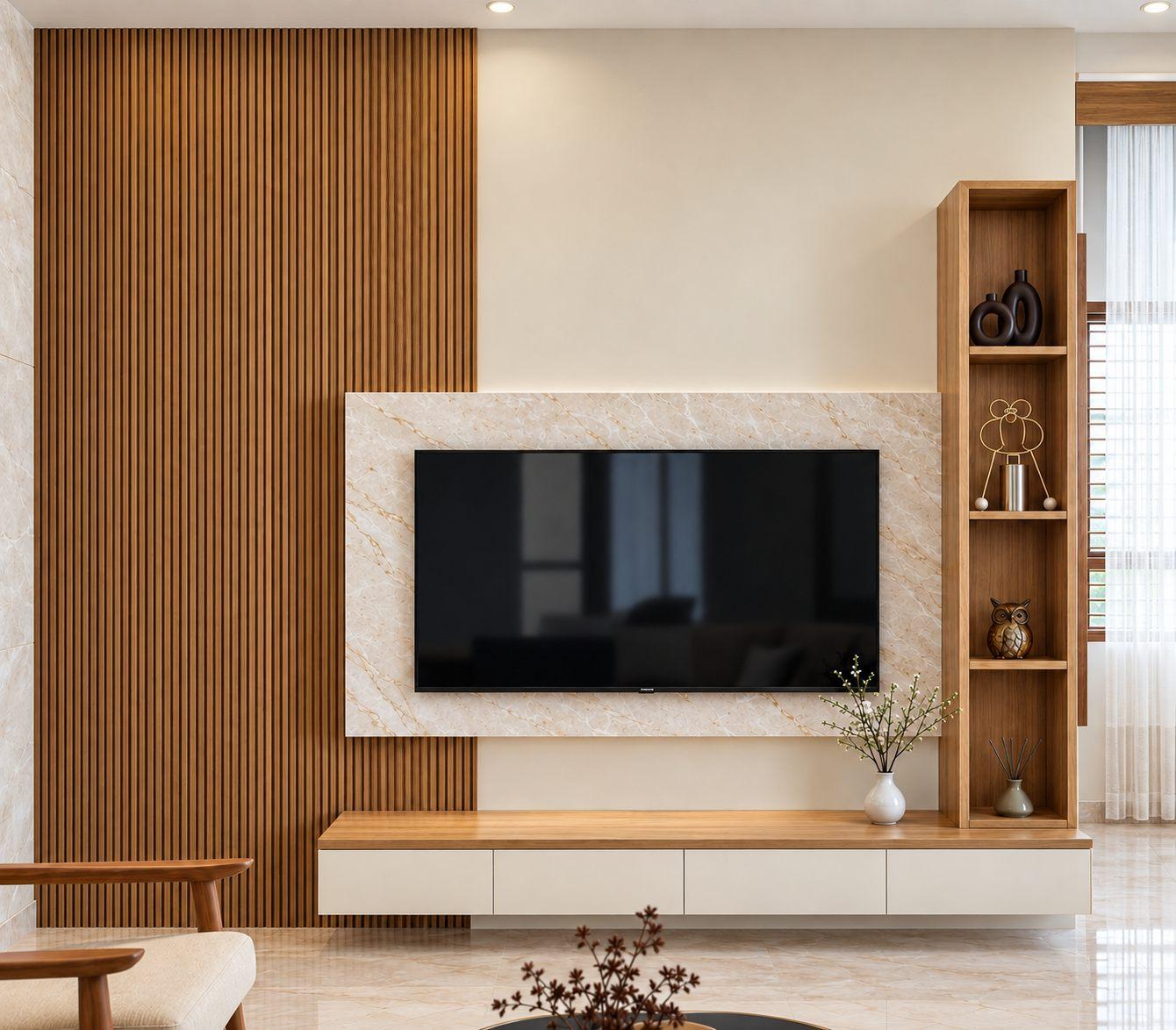 TV unit with a fluted wood panel, marble-finish frame and open display shelves — Saral Mane, a G+2 house on Kanakapura Road, Bangalore