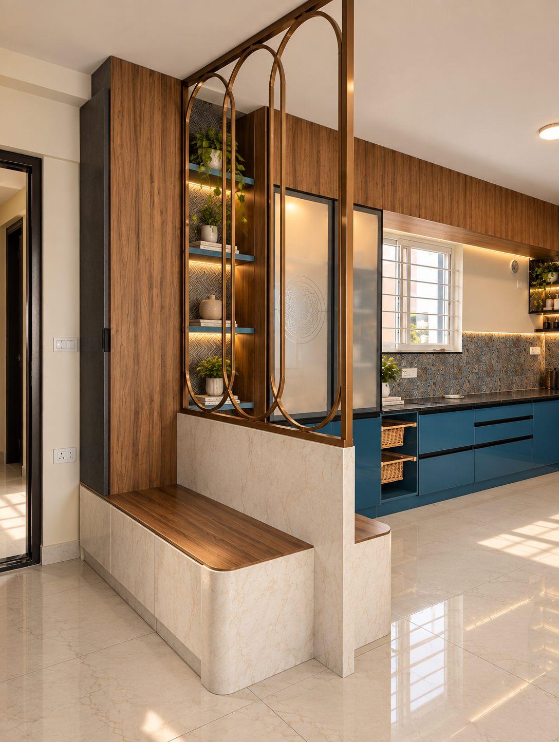 Foyer seating bench with an arched metal-frame partition, lit display shelves and a view into the teal kitchen