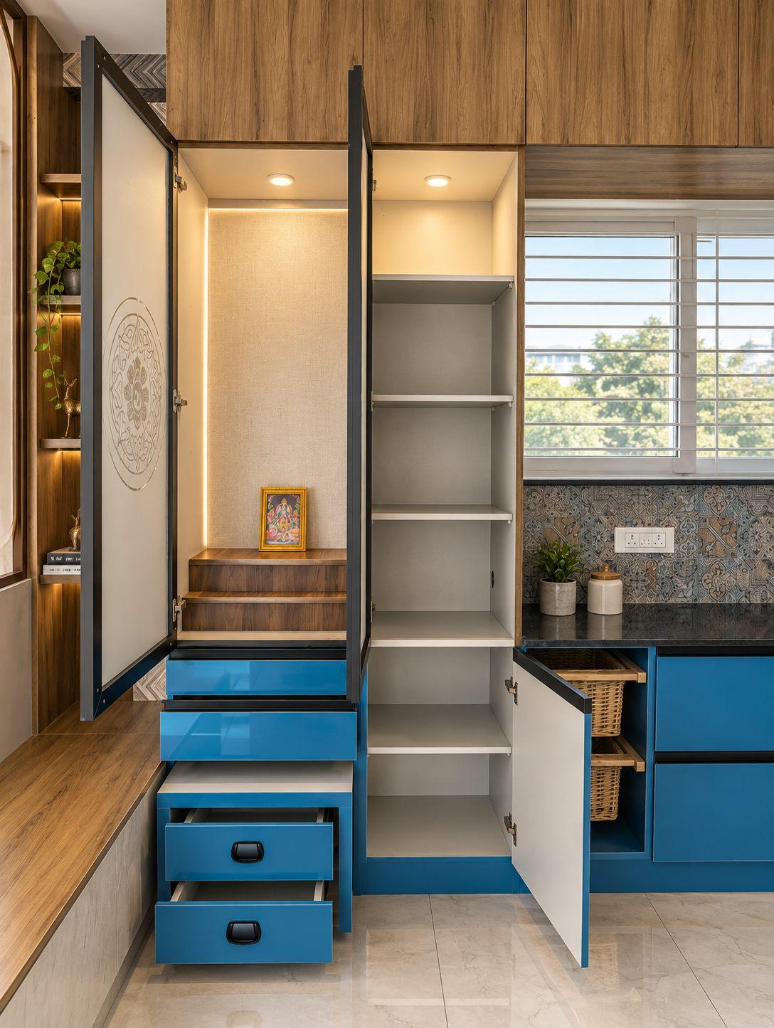 Pooja unit with folding doors opened to reveal a lit shrine, steps and teal drawers, built into the kitchen joinery