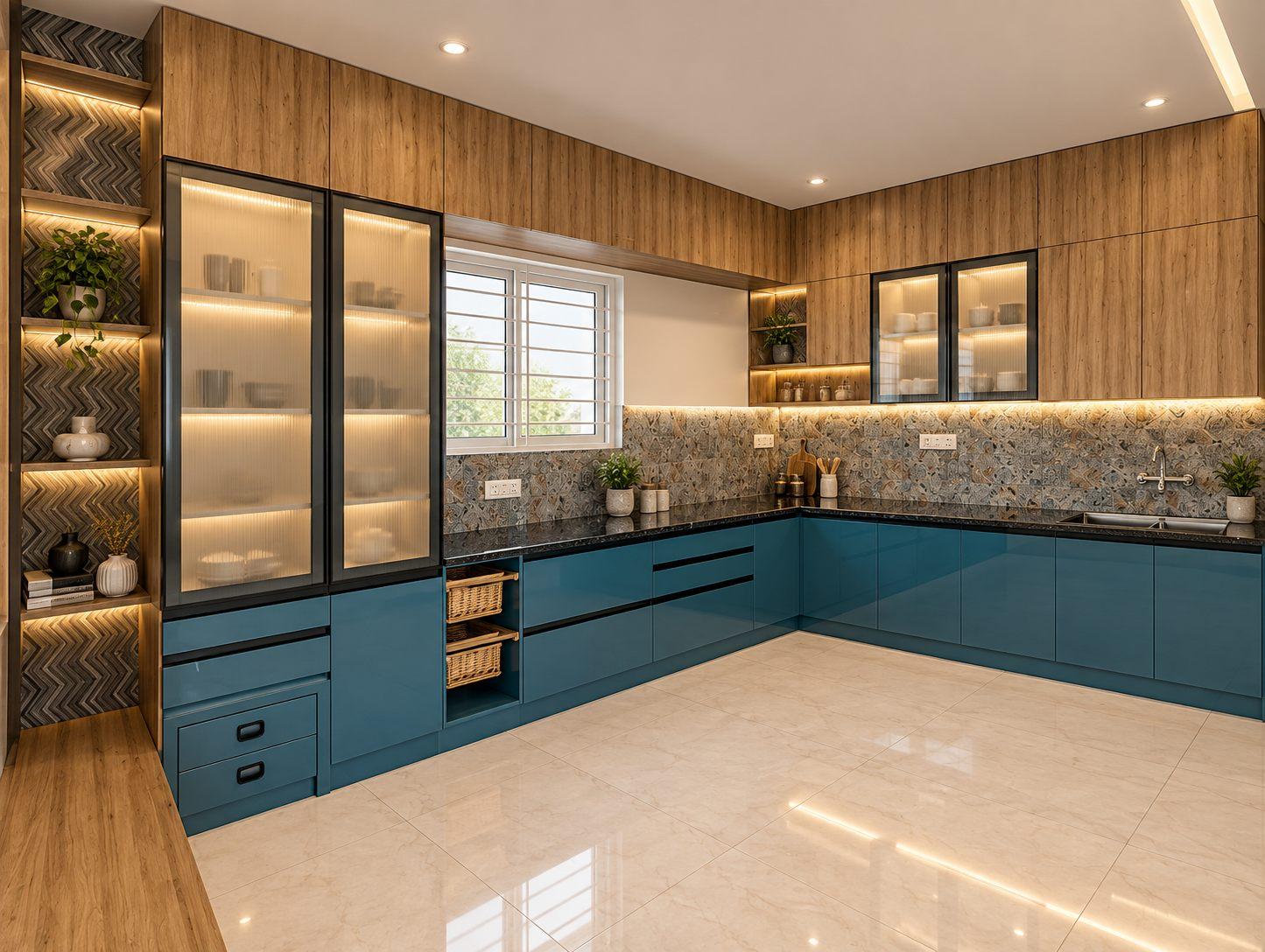 L-shaped modular kitchen in Blue on Mars, a 3 BHK at The Mars Planet, Banashankari with glossy teal base cabinets, wood-finish wall units, patterned backsplash and a lit glass-front crockery unit