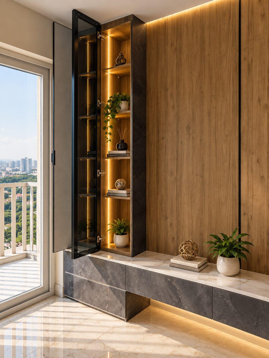 TV unit with a tall lit glass display tower, wooden wall panel and a grey stone floating console