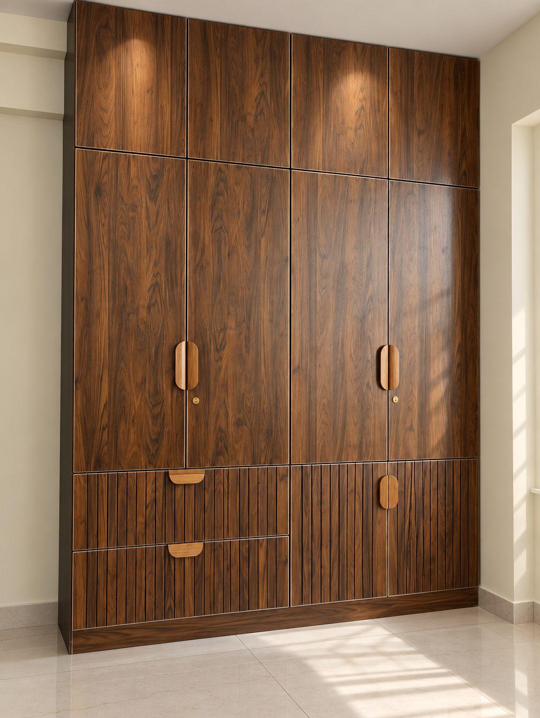 Study bedroom wardrobe in walnut laminate with fluted lower drawers and oval wooden handles
