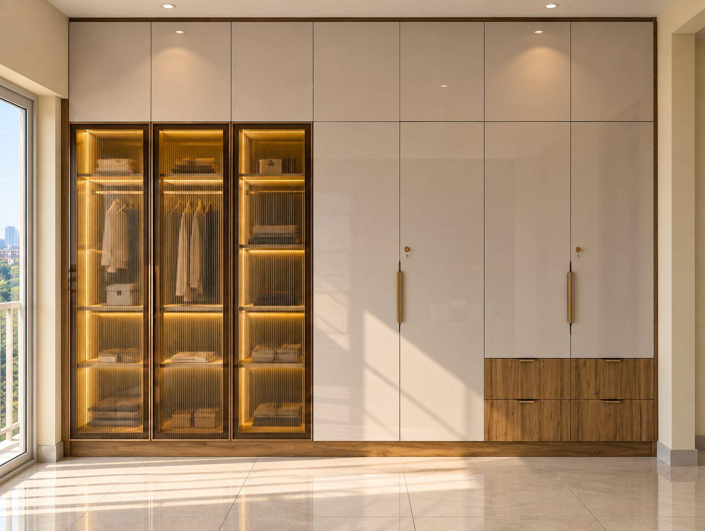 Master bedroom wardrobe with fluted-glass profile shutters, wooden external drawers and handle-free push-to-open lofts