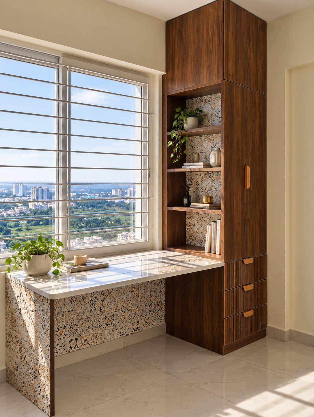 Window study table with a white top on a patterned base, beside a walnut bookshelf with lit open shelves
