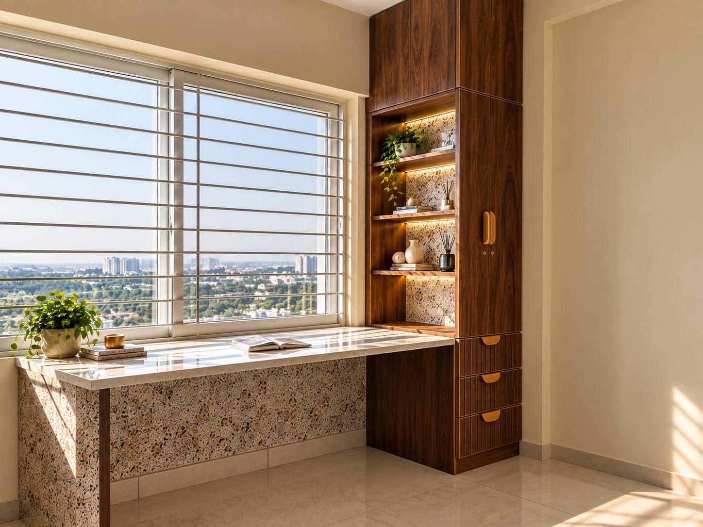 Study bedroom study table along the window with a walnut bookshelf, lit shelves and a city view