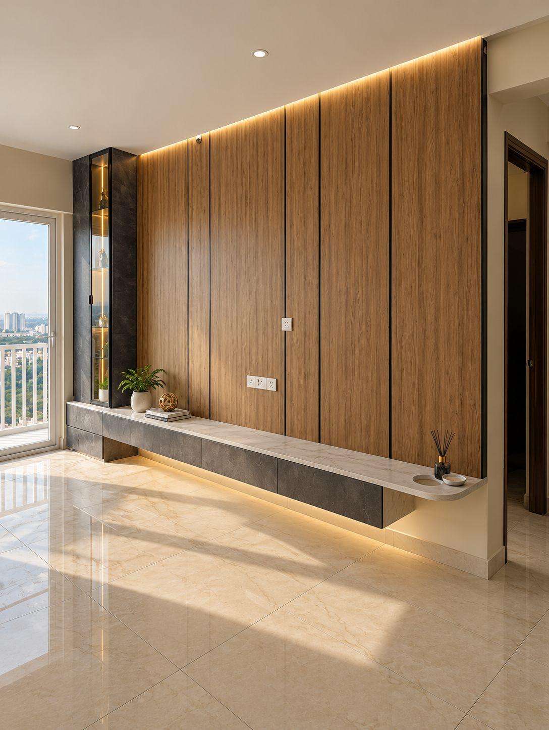 Full-height wooden TV wall panel with a floating grey stone console, profile lighting and a lit glass display niche