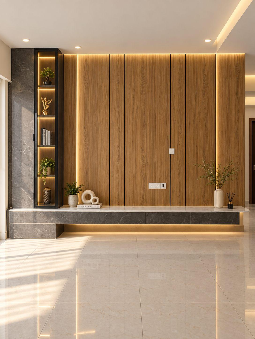 Wooden TV wall panel with vertical grooves, a lit display niche and a stone console, front view
