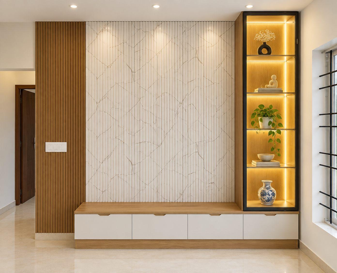 TV wall with fluted marble-look panels, a wooden slatted side panel, low white cabinets and a lit glass display unit