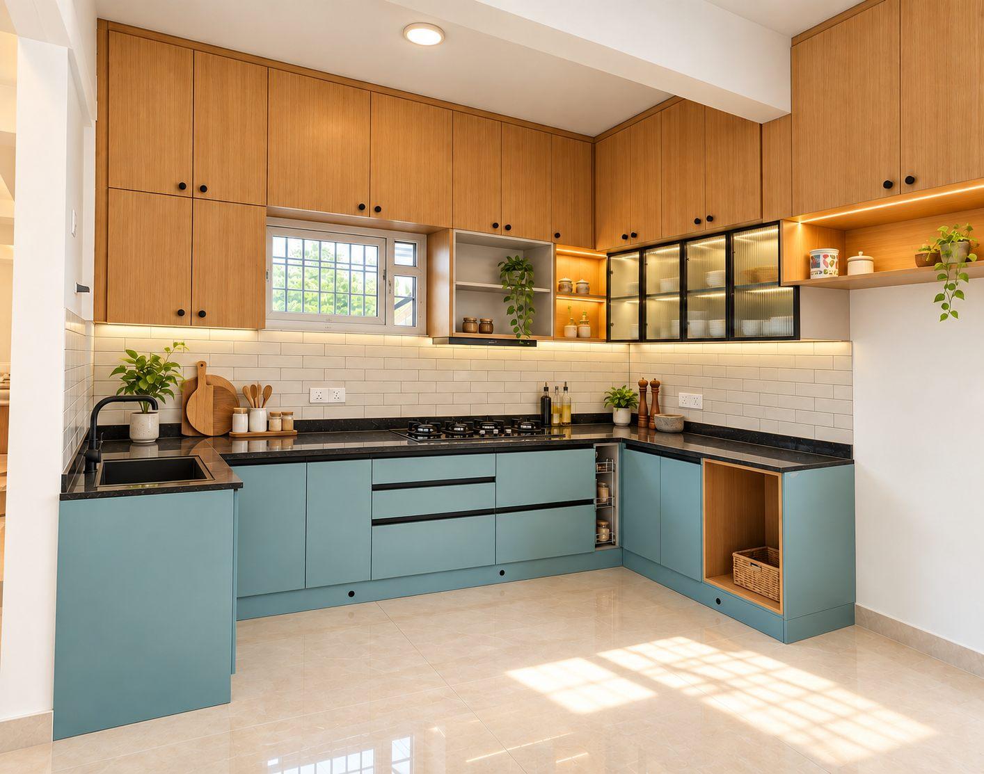 The family’s green modular kitchen in The Green Storey, a G+3 independent house in Bannerghatta, Bangalore — green base cabinets, wooden lofts, black counter and lit open shelves