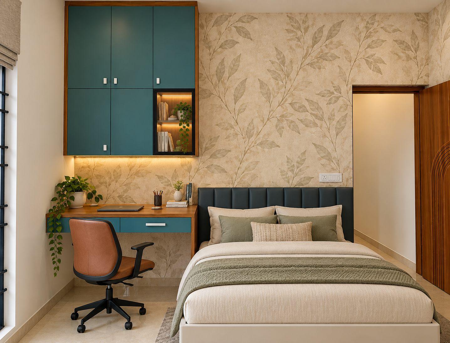 Kids bedroom with a wall-mounted teal study unit and lit niche, upholstered bed and botanical wallpaper