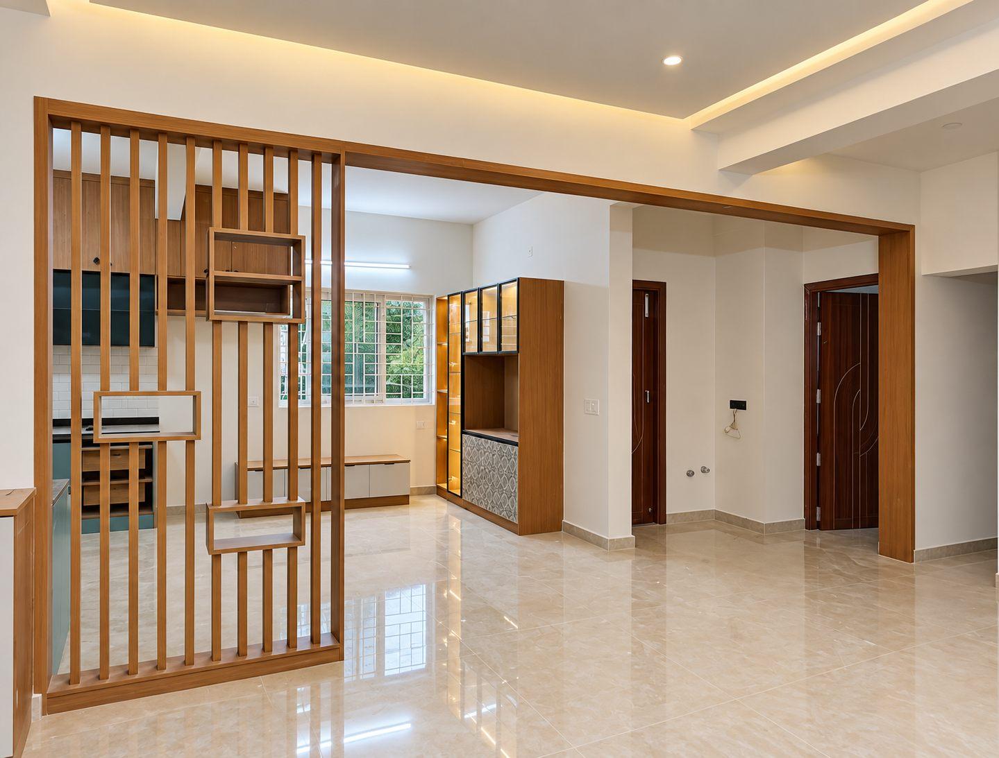 Wooden slatted partition with display shelves between the living and dining areas, with a cove-lit ceiling