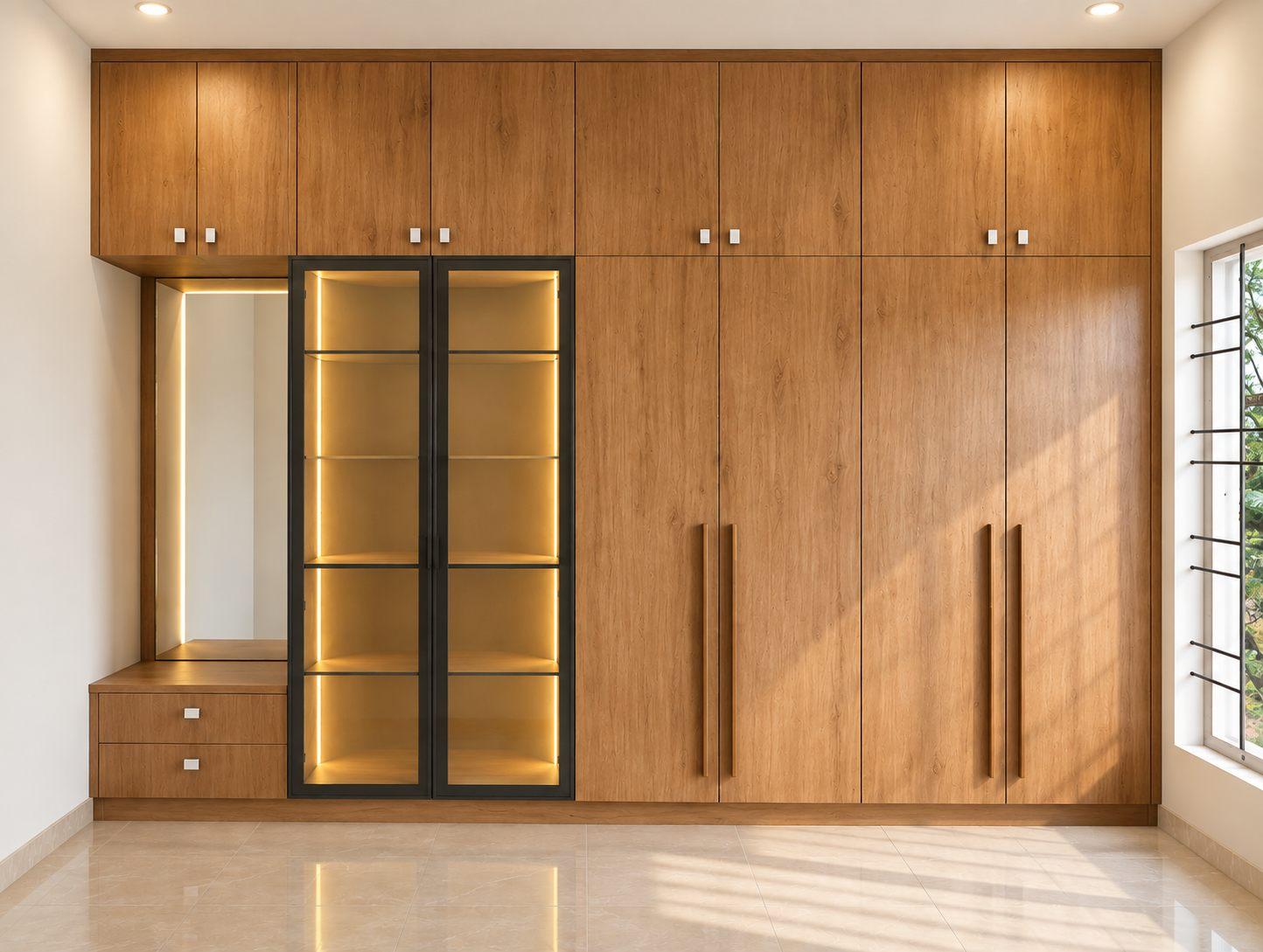 Kids bedroom wardrobe in wood laminate with lit black-framed glass shutters and an attached dresser