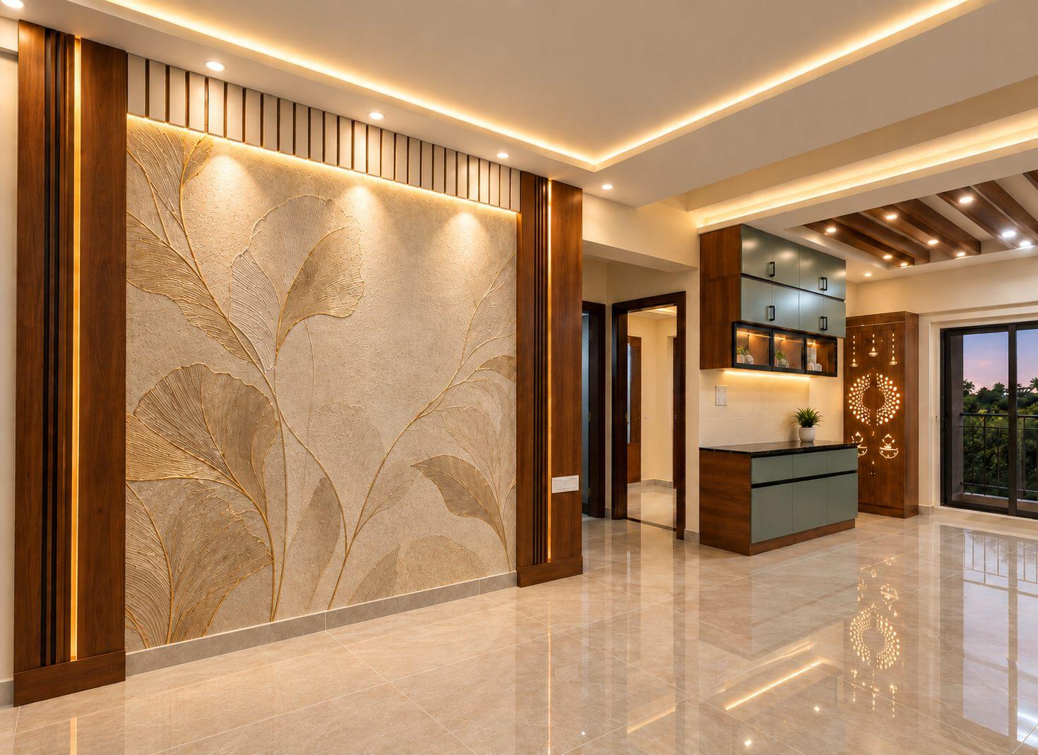 Living room feature wall with a large leaf-texture panel framed in wood, with cove lighting