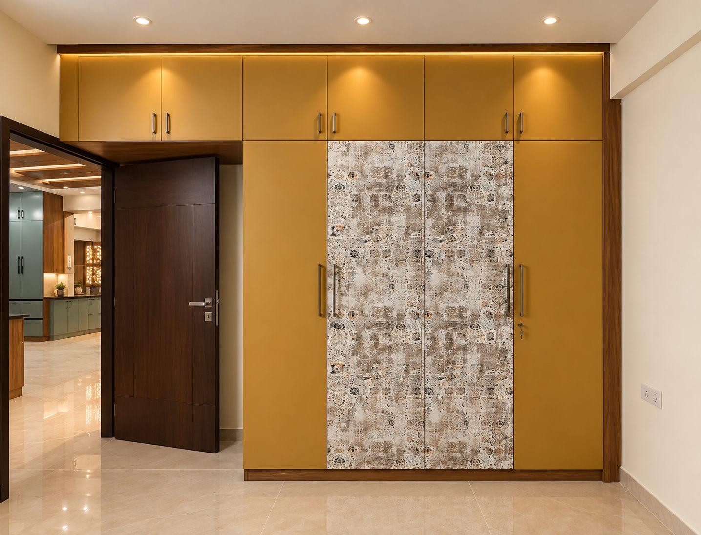 Bedroom wardrobe in sunny yellow laminate with a Dorby Mica digital print laminate centre panel and lofts