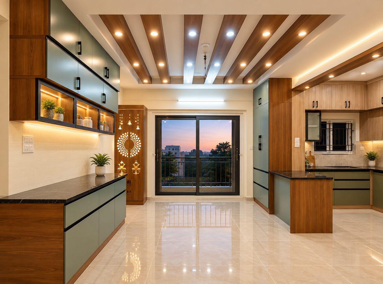 Open living and dining space in Sage & Sunshine, a Sarjapur Road apartment, with a sage-green crockery unit, wooden ceiling rafters and a jaali panel
