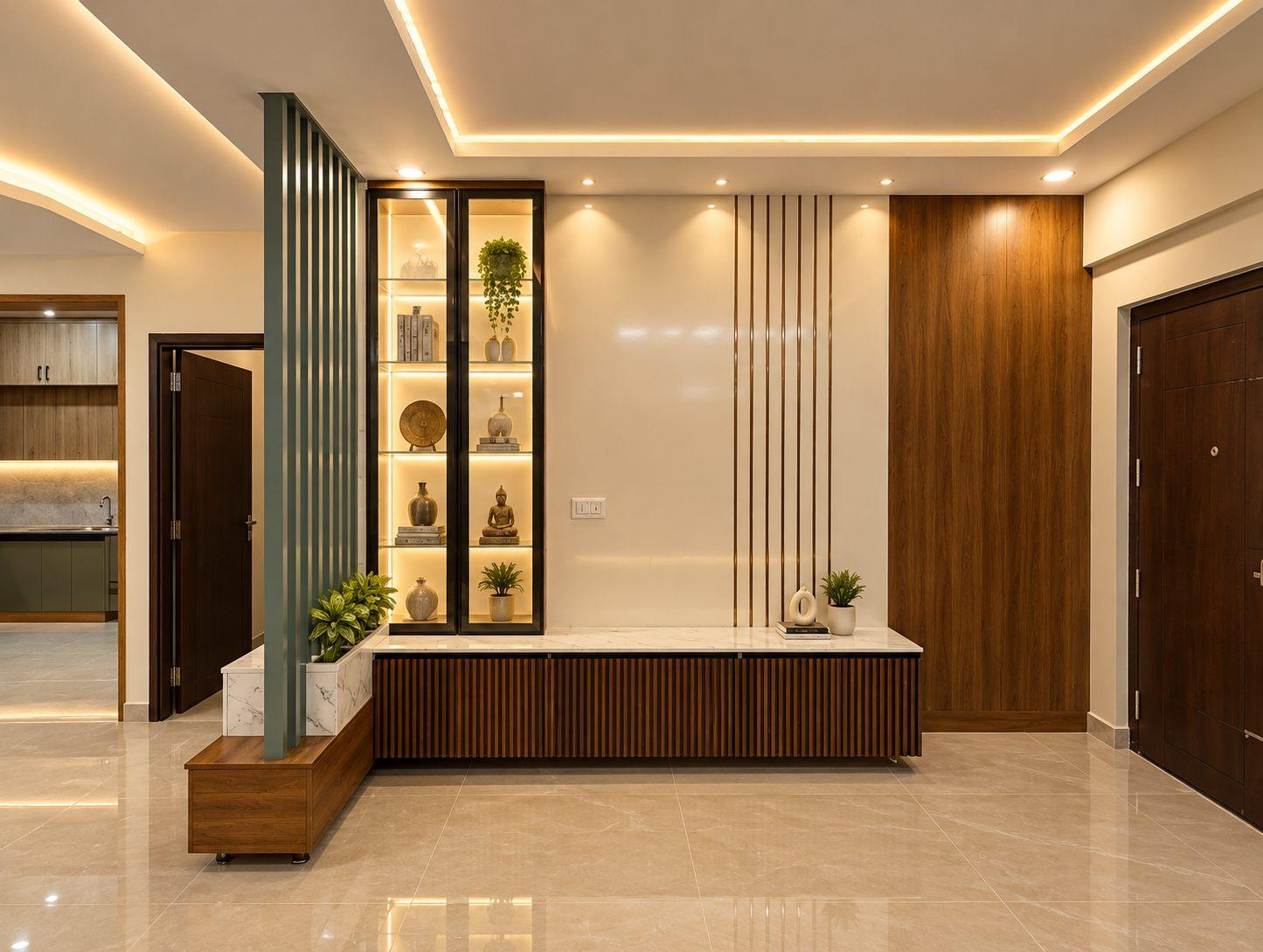Sage fluted partition with a lit glass display unit and a slatted wooden console between the living and dining areas