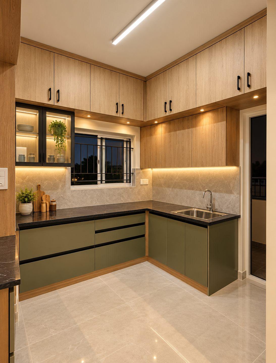 L-shaped modular kitchen with sage-green base cabinets, wood-finish wall cabinets, lit glass shutters and a black counter