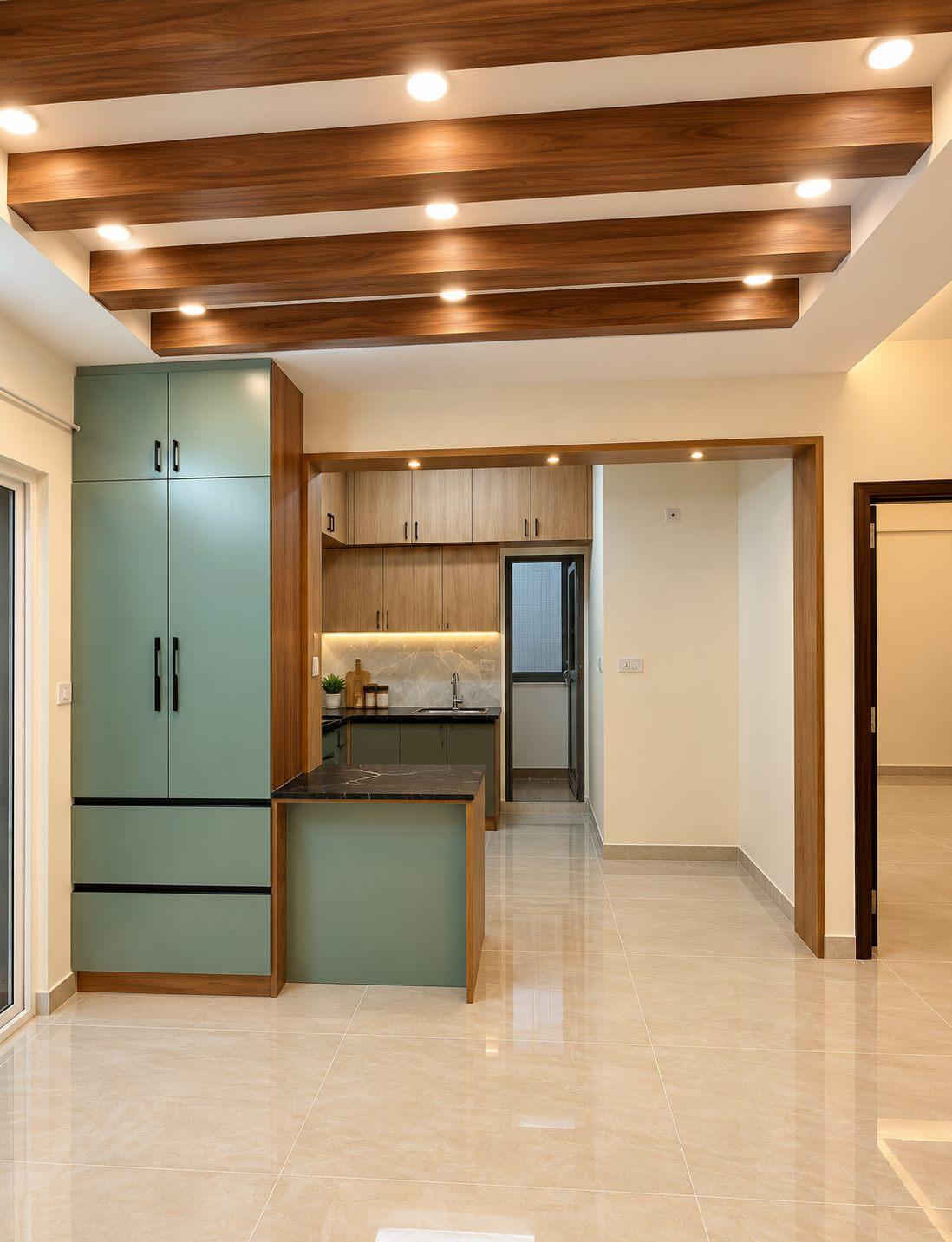Sage-green tall kitchen unit beside a breakfast counter with black granite top, under wooden ceiling rafters