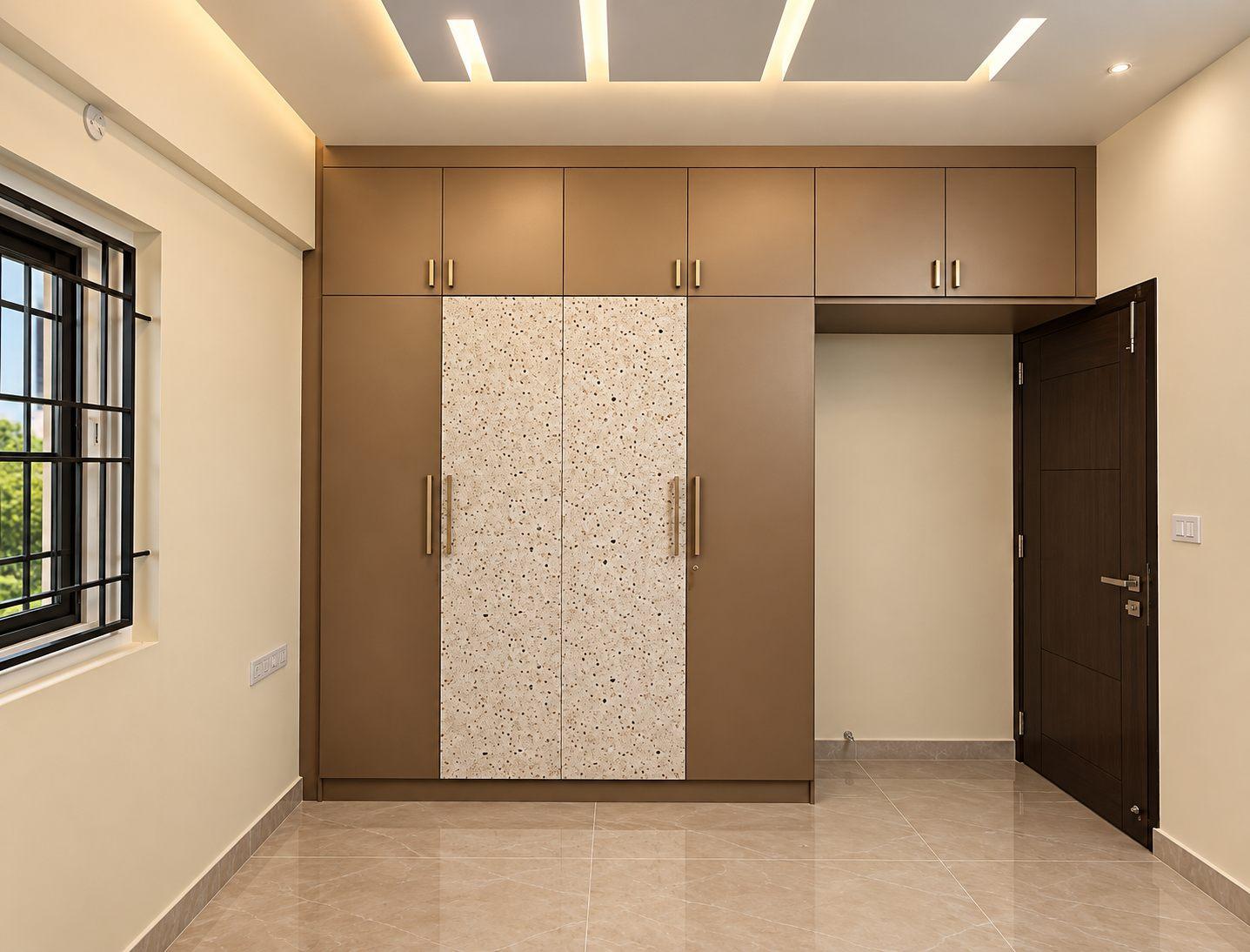 Bedroom wardrobe in brown laminate with a Dorby Mica digital print terrazzo-pattern centre panel and lofts