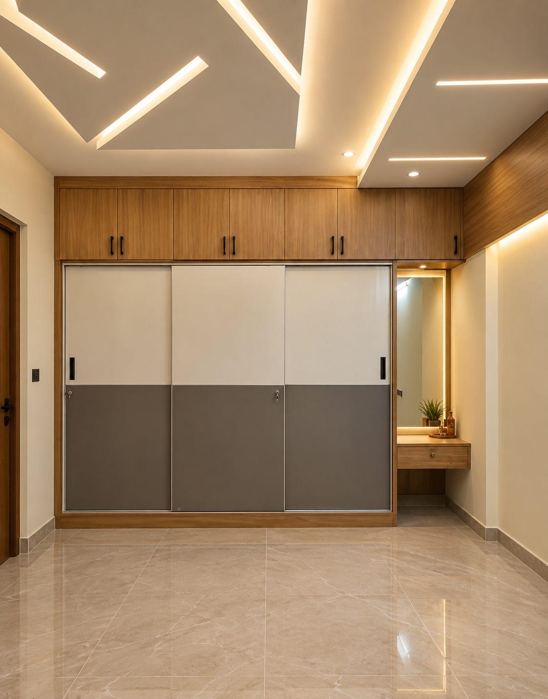 Master bedroom sliding wardrobe in white and grey with wooden lofts, a dresser and a layered cove-lit ceiling