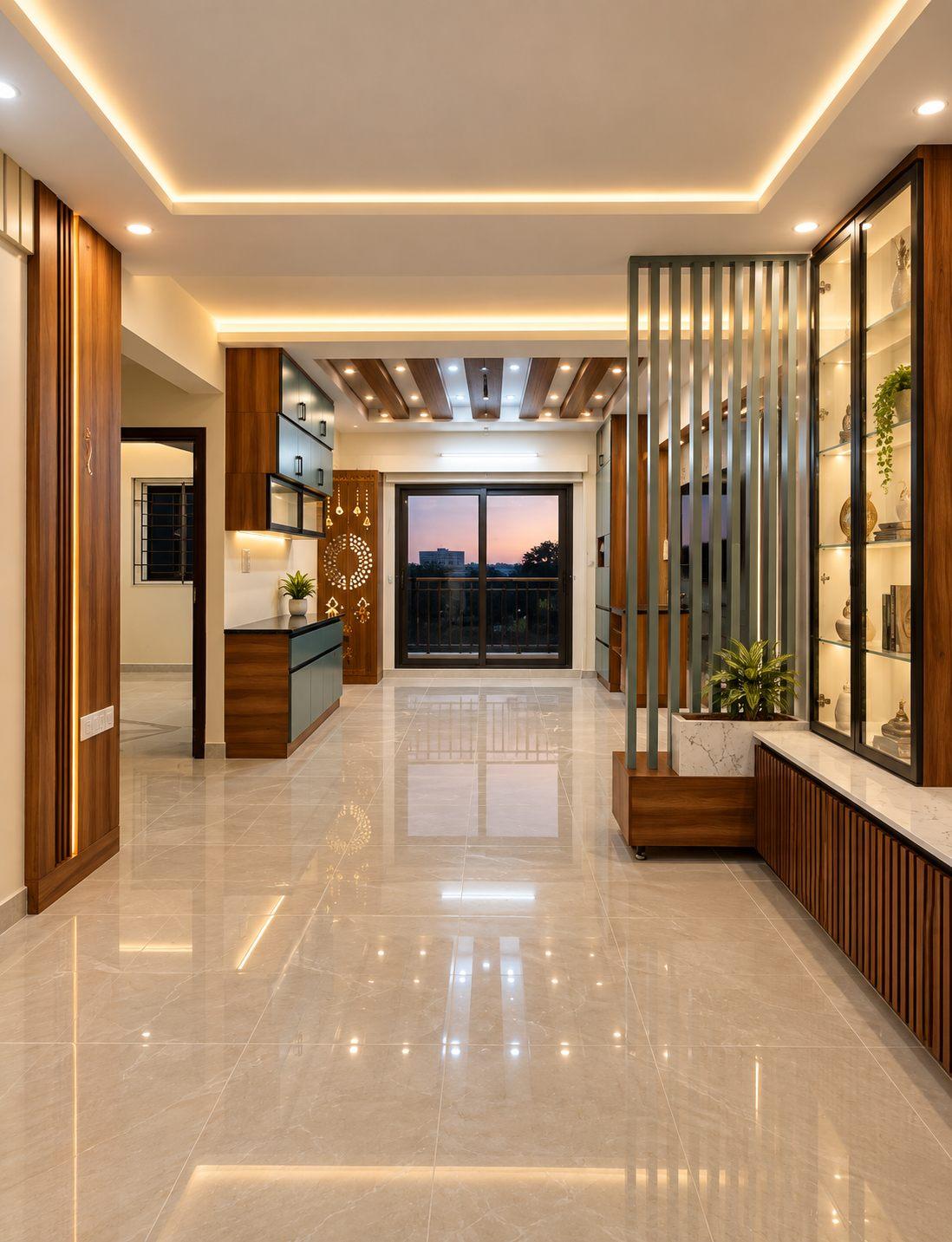 View through the living-dining space with fluted partition, lit display unit and slatted wooden console